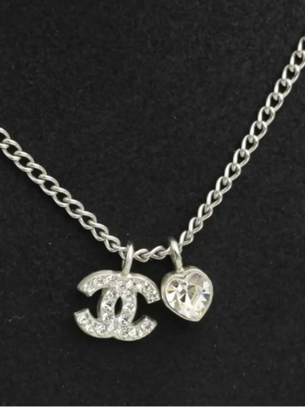 Chanel CC Rhinestone Charm Necklace with Heart Pendant
